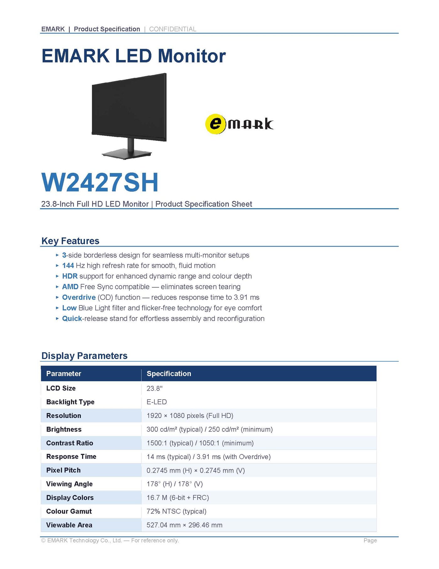 EW2427SH 24" LED Monitor — specification sheet 1 of 3