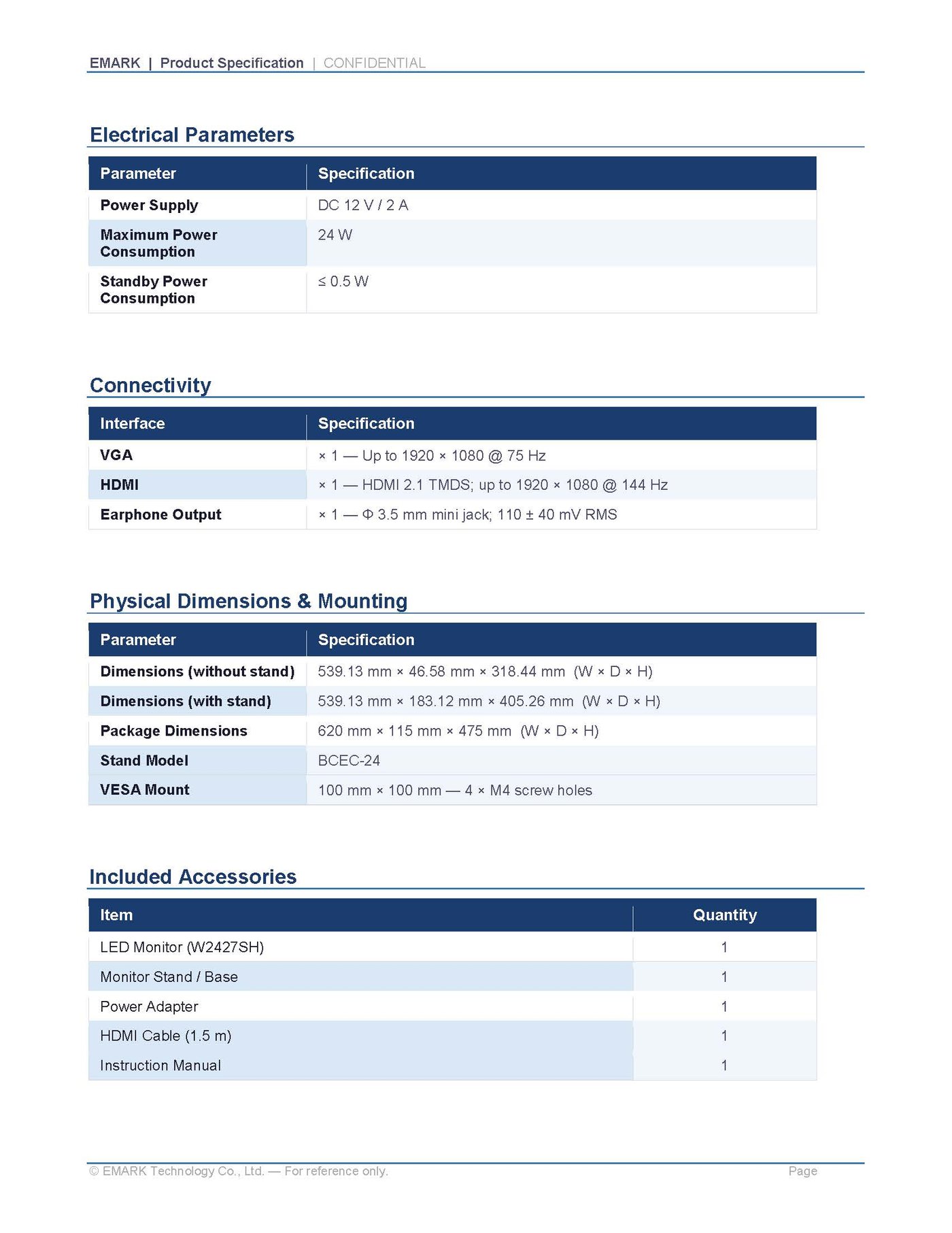 EW2427SH 24" LED Monitor — specification sheet 2 of 3