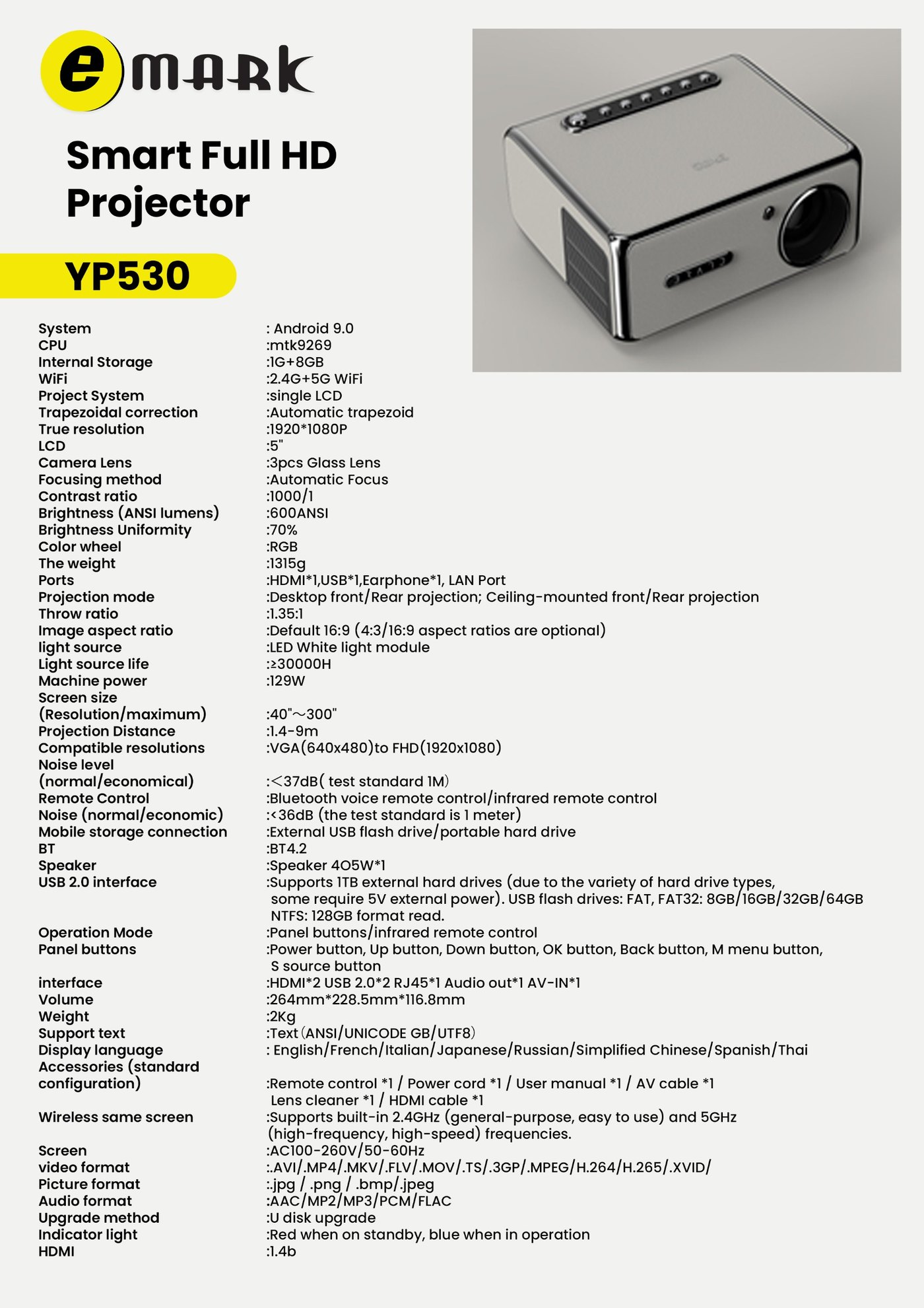 LumaCast Smart Projector YP-530 — specification sheet 1 of 1